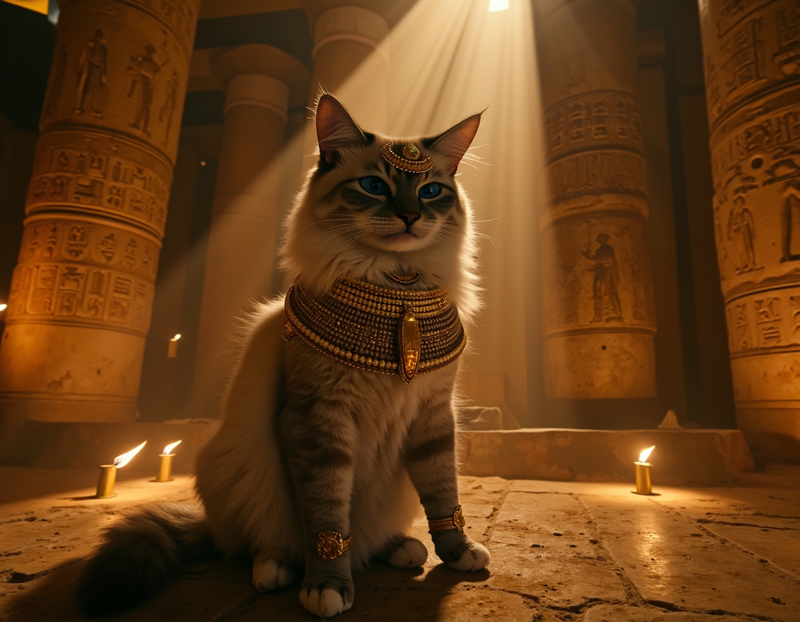Cat dressed in luxurious golden regalia sits in an ancient Egyptian temple at night, surrounded by hieroglyphs and lit torches. The cat exudes the aura of a revered feline goddess, capturing the timeless majesty of ancient Egypt.
